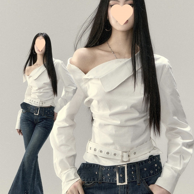 设计感小众露肩褶皱腰带短款衬衫女装2025春季新款修身辣妹上衣潮|undefined