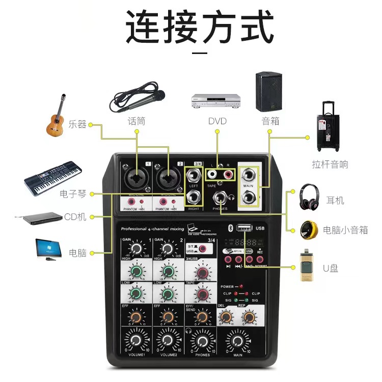 국경 독점 디지털 소형 4 방향 믹서 블루투스 사운드 카드 전문 무대 USB 라이브 믹서