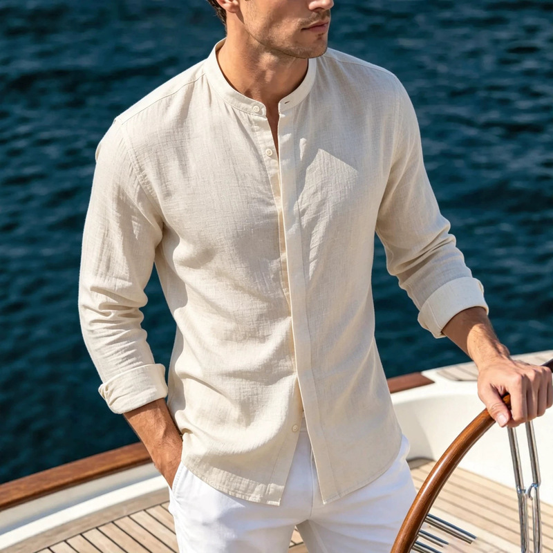 Cross-border men's Chinese-style stand-up collar shirt with hidden placket, linen-textured long-sleeve shirt, loose and casual men's wear wholesale Cross-border men's Chinese-style stand-up collar shirt with hidden placket, linen-textured long-sleeve shirt, loose and casual men's wear wholesale
