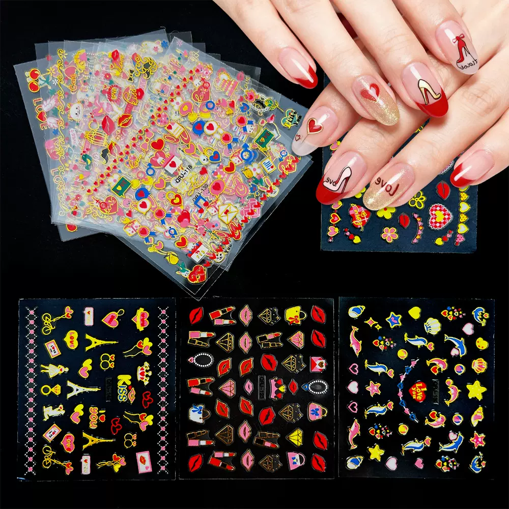 跨境情人节美甲贴纸浪漫爱心贴纸小图案指甲贴唇印贴纸美甲装饰贴