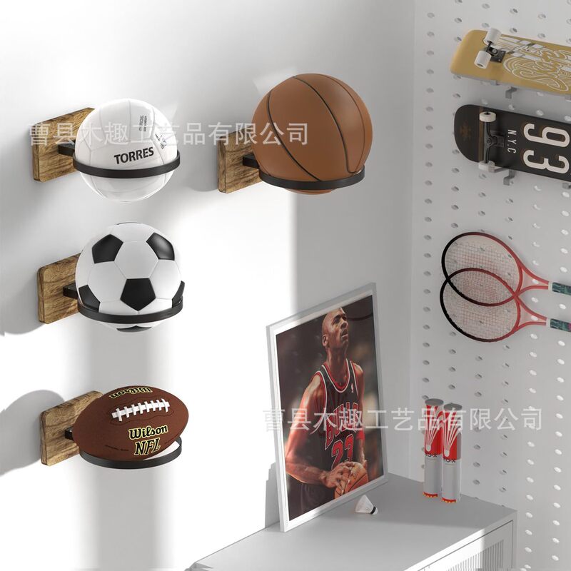 Cross-Border Amazon Solid Wood Basketball Stand Iron and Wood Combined Wall-Mounted Volleyball Football Signature Ball Wall Display Stand