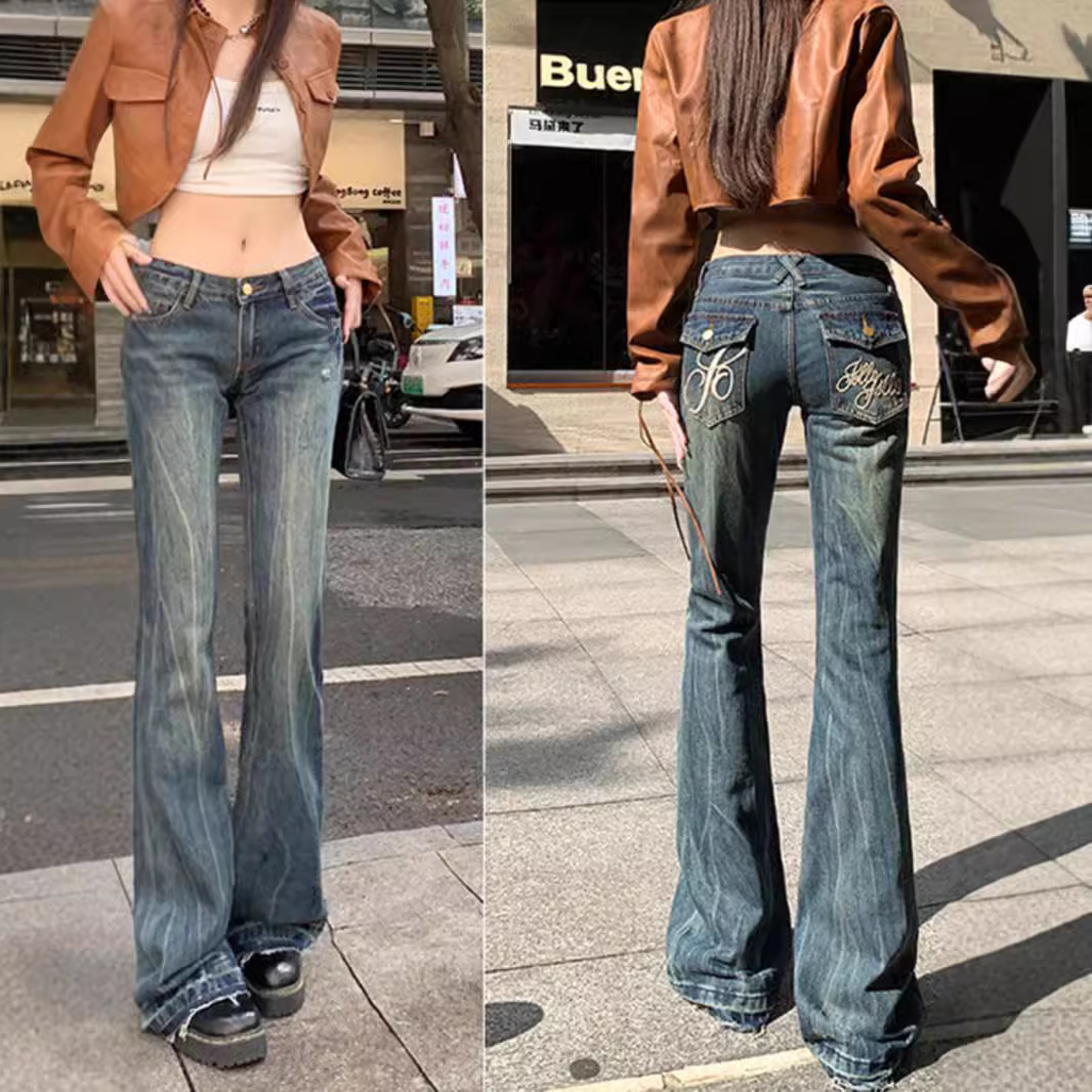 2025 봄과 가을 올 매치 버 올드 자수 마이크로 플레어 청바지 여성의 하이 웨이스트 핫 걸 슬림 팬츠