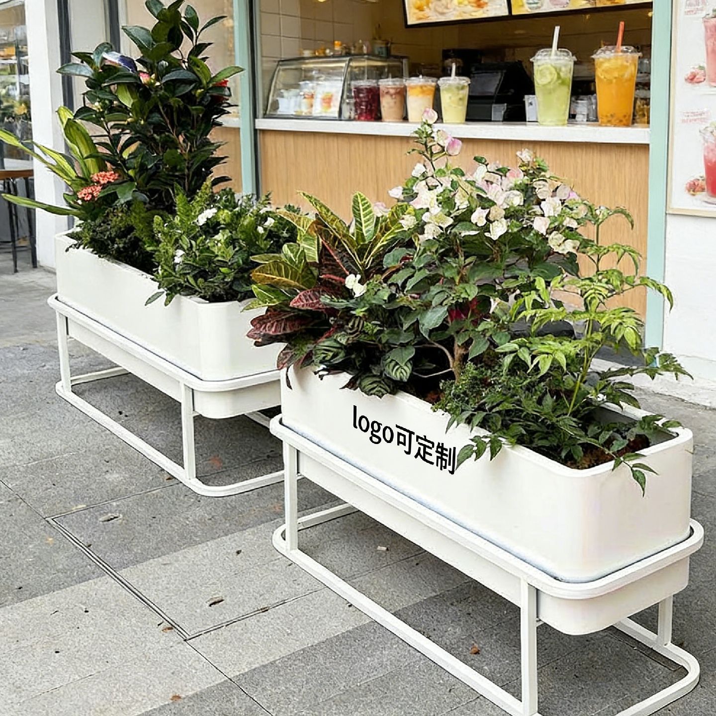 Caja de flores al aire libre estante hueco calle comercial café leche tienda de té estante de flores exterior jardín paisaje vegetal tanque de flores
