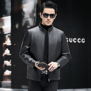 Haining genuine leather autumn and winter men's stand collar calf leather jacket for work casual business fashion men's leather jacket spring and autumn