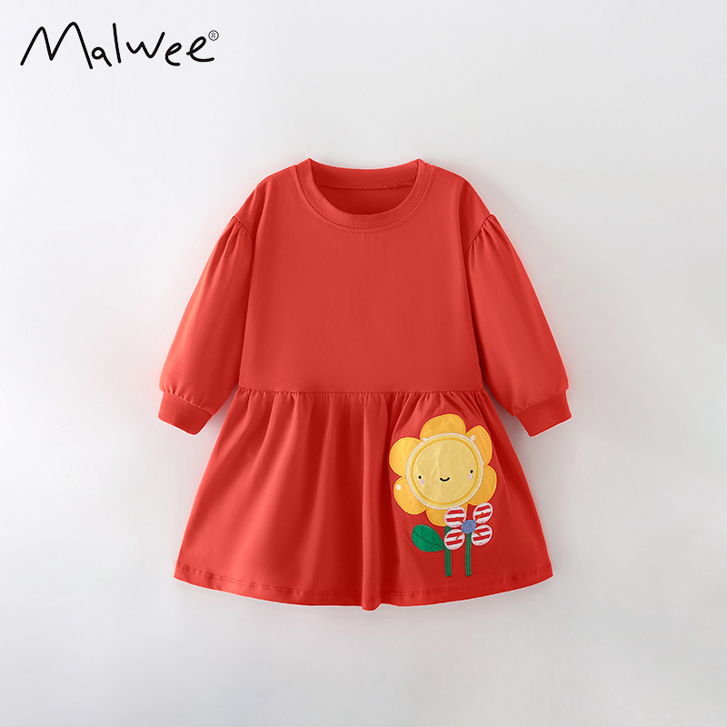 En stock malwee niñas falda otoño nuevo europeo y americano de los niños ropa estilo occidental rojo cuello redondo manga larga que basa vestido