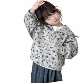 女童韩国拉链外套春秋冬季2026新款儿童女孩洋气花朵碎花卫衣开衫