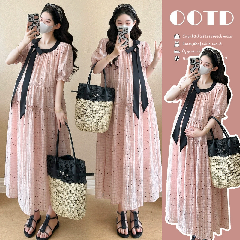 Летнее платье для беременных 2025 года, новый стиль, французский дизайн в горошек, элегантное, стройнящее, длинное, свободное, летнее платье для беременных