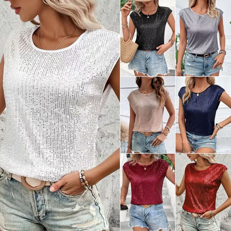 European and American Cross-Border New Spring and Summer Loose-Fitting Casual Fashion Party Round Neck Sleeveless Top Women's Sequined T-Shirt Spring and Summer European and American Cross-Border New Spring and Summer Loose-Fitting Casual Fashion Party Round Neck Sleeveless Top Women's Sequined T-Shirt Spring and Summer