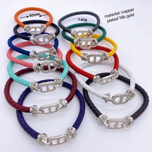 Pig Nose Red Rope Leather Rope Bracelet Men's and Women's 18k Gold Copper Micro-inlaid Full Diamond Life Year Couple's Advanced DIY Hand Rope
