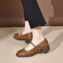 真皮女鞋夏季新款中跟浅口方头单鞋低粗复古一字带玛丽珍