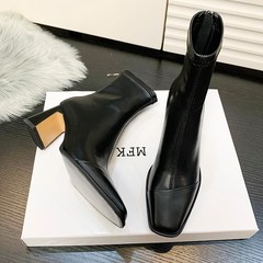 真皮高跟短靴女2025秋冬新款法式皮靴黑色弹力瘦瘦靴百搭粗跟靴子