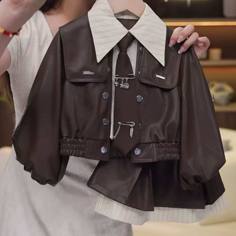 女童新款皮衣套装2025洋气儿童休闲夹克外套百褶裙爆款时尚两件套|undefined