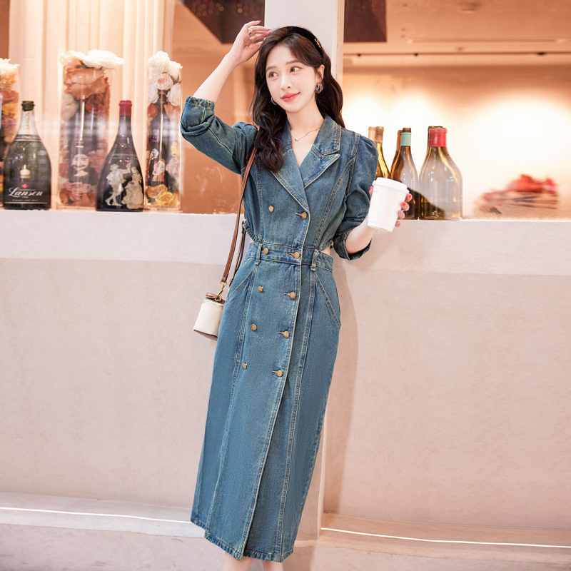 In stock 2024 spring new women's Korean-style slim-fit personality lapel fashion long Denim dress Y24016