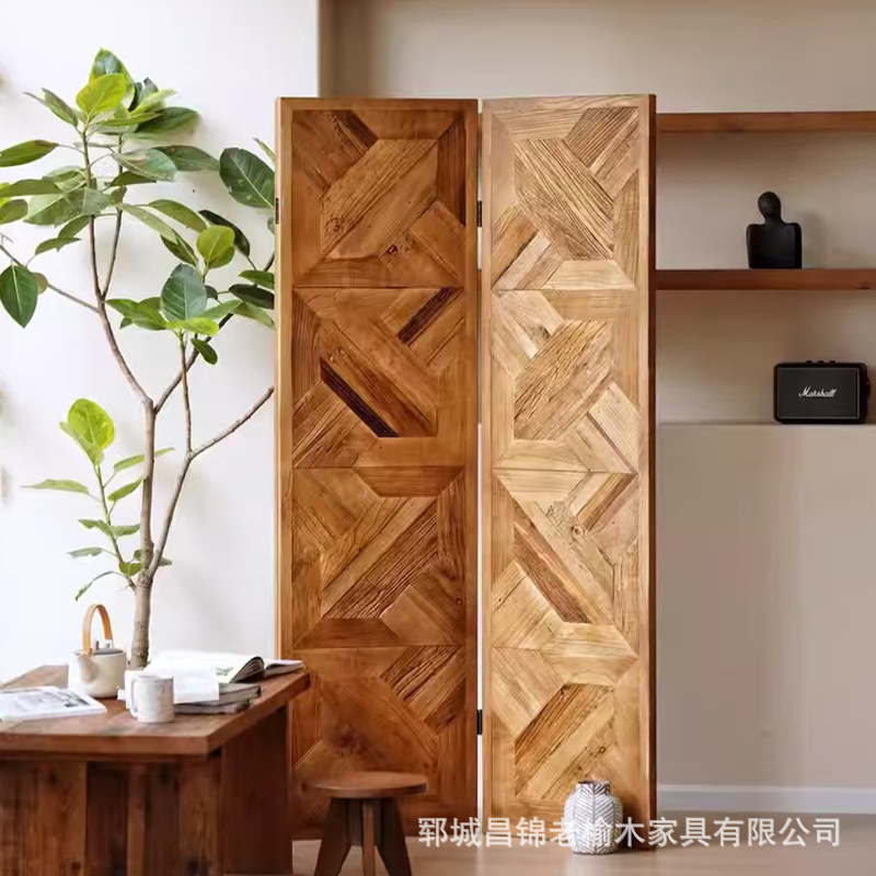 中古老榆木拼花屏风玄关隔断墙餐厅分隔屏风实木三扇折叠移动屏风|undefined