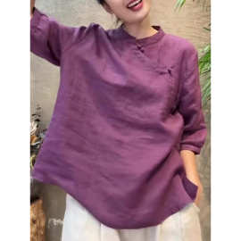 民族风新中式减龄紫色斜襟盘扣上衣女春秋季宽松显瘦休闲百搭衬衫
