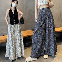 ヘビーデューティフレンチレトロプリントワイドレッグキュロット女性用2025夏新作Aラインワイドレッグ多用途9点太ももパンツ