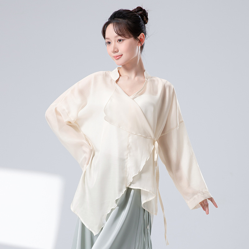 女性用モダンダンス服、新しいゆったりとしたレースアップスタンドカラーブラウス、エレガントなデイリーパフォーマンス服、長袖練習服トップス|undefined