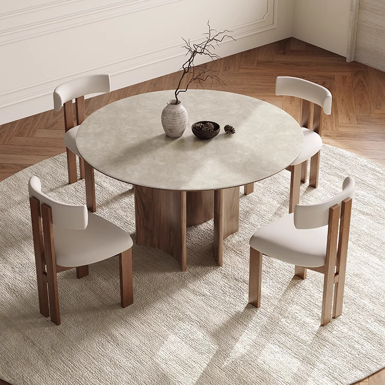 Mesa y silla de comedor de madera sólida retrógrada francesa combinada redonda con mesa giratoria moderna y simple estilo medieval mesa redonda de roca