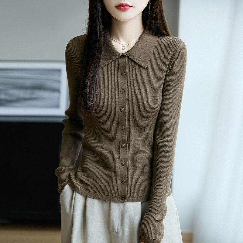 秋冬新款100纯羊毛长袖针织开衫外套女POLO领坑条修身打底衫毛衣|undefined