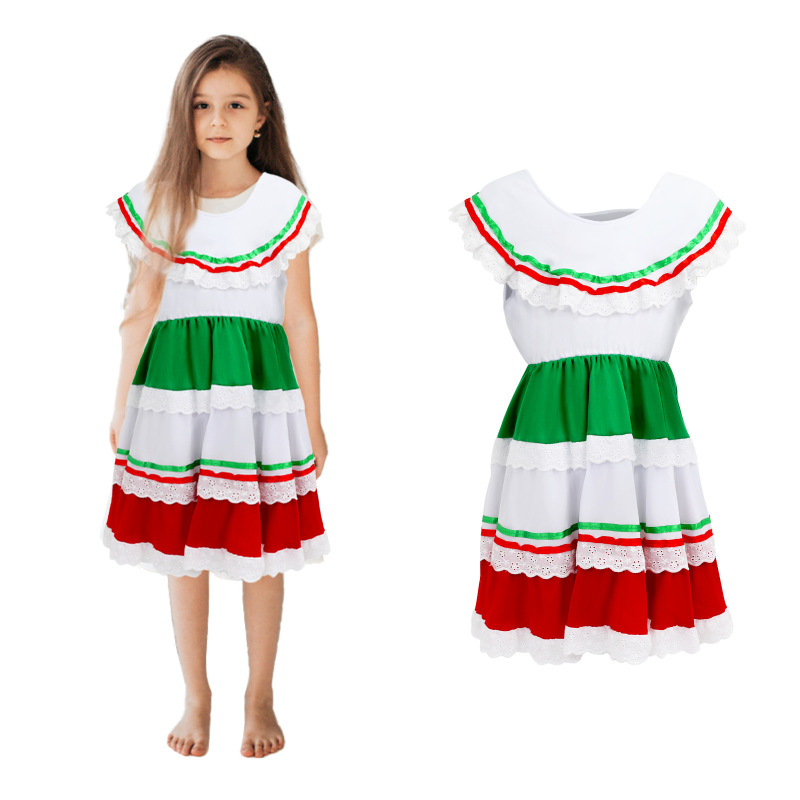 Girls' Sweet Mexican Lace Dress, Children's May Day Exotic Ethnic Festival Carnival Outfit Girls' Sweet Mexican Lace Dress, Children's May Day Exotic Ethnic Festival Carnival Outfit