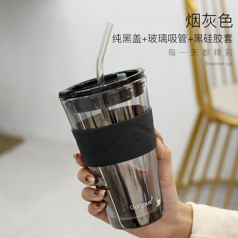 Vaso de Cristal con Pajita Aurora Boreal – Para Leche, Té y Café, Regalo de Apertura