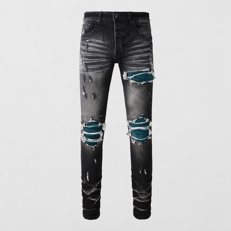 Fashion foreign trade fashion brand men's jeans black washed distressed ripped patch button placket men's jeans