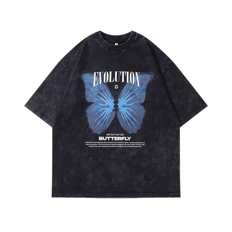 TKPA Streetwear Chinese Fashion Brand Dark-style Butterfly-print Washed & Distressed Short-sleeved T-shirt for Men and Women Hip-hop Half-sleeved Tee