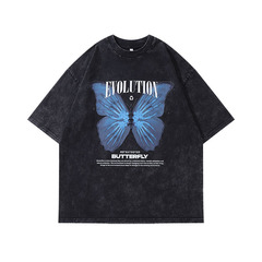 TKPA Streetwear Chinese Fashion Brand Dark-style Butterfly-print Washed & Distressed Short-sleeved T-shirt for Men and Women Hip-hop Half-sleeved Tee