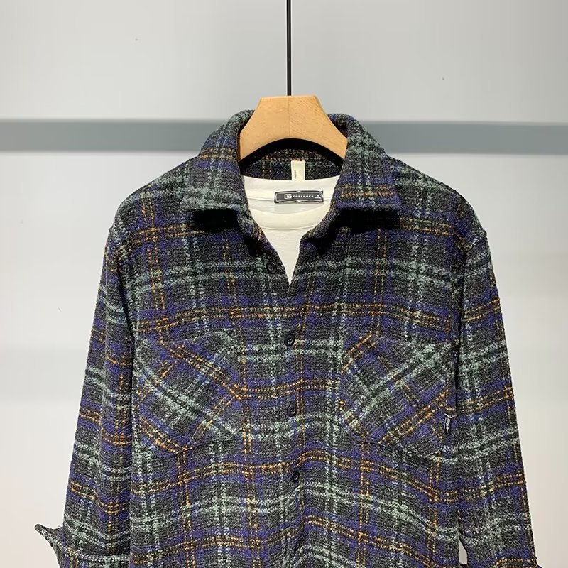 Japanische Retro-Jacke für Herren im High-End-Stil, neuer Herbst-Look, Chanel-inspiriertes Karohemd, Wolljacke, Trendmarke_voghion.com