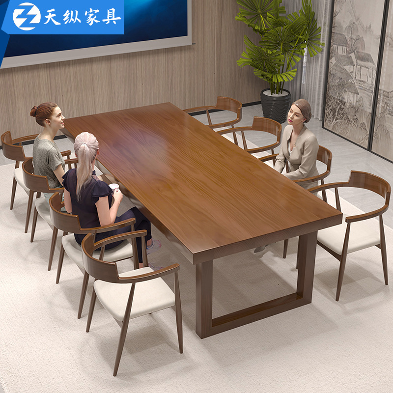 A naturally beautiful American-style solid wood long desk, reading table, large commercial negotiation conference table, office desk chair set