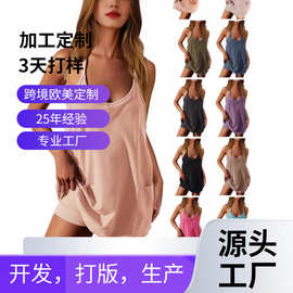 欧美女装2026春款独立站亚马逊纯色口袋吊带短款运动连衣裙