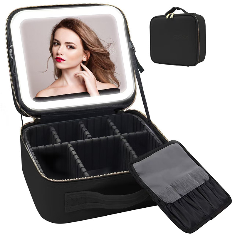 Nuevo bolso de maquillaje profesional portátil de gran capacidad con bolsa de cosméticos de PU ligera 4K superficie de vidrio HD personalizado al por mayor