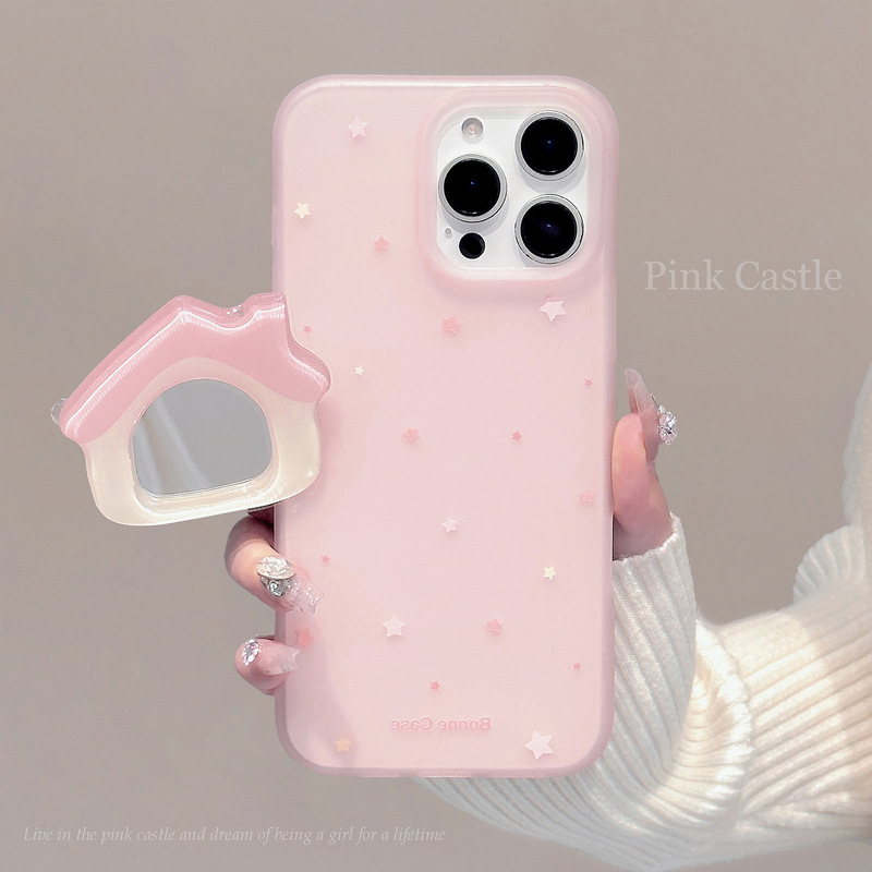 インスタ映えピンクハウスミラー付きスタンド iPhone15Pro Max/Apple 16/13/17対応 ニッチスマホケース|undefined