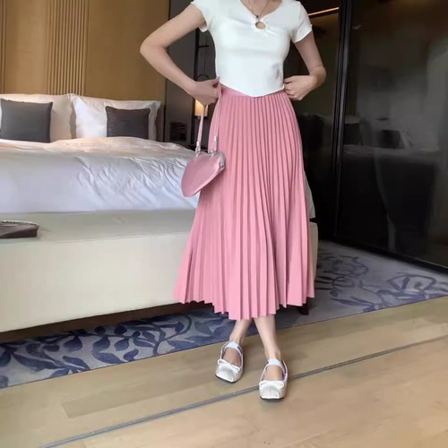 Stylish and Versatile High-Waisted Pleated Midi Skirt with Classic Simplicity, Available in Multiple Colors, 78cm Length