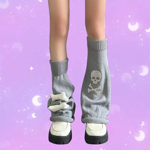 Subculture Y2K Leggings with a Hot Girl Original Design, Sparkling Skull and Bone Elements, Cute Animal Stack Socks