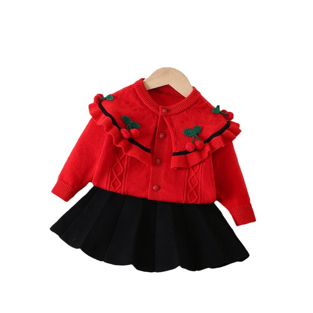 Children's three dimensional sweater, knitted girl's skirt, long-sleeve, set
