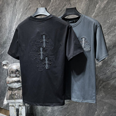 24クロスボーダー高バージョンChrome Heartクロークtシャツ馬蹄サンスクリット布刺繍半袖男tシャツ潮
