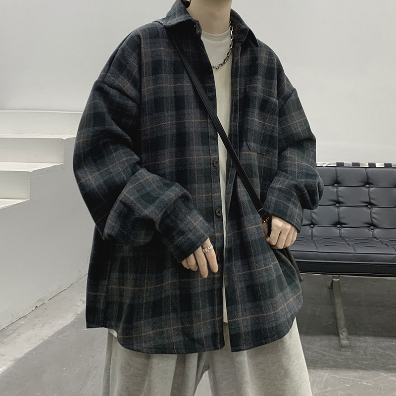 Camisa de cuadros de los hombres de manga larga estilo Hong Kong abrigo de alto grado primavera y otoño ruoshuai estilo japonés Top otoño moda marca ropa de trabajo camisa