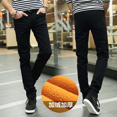 Velvet and thick jeans, elastic men's new winter style, slim slim-fitting pants, blue, all-matching, slimming, Korean trend