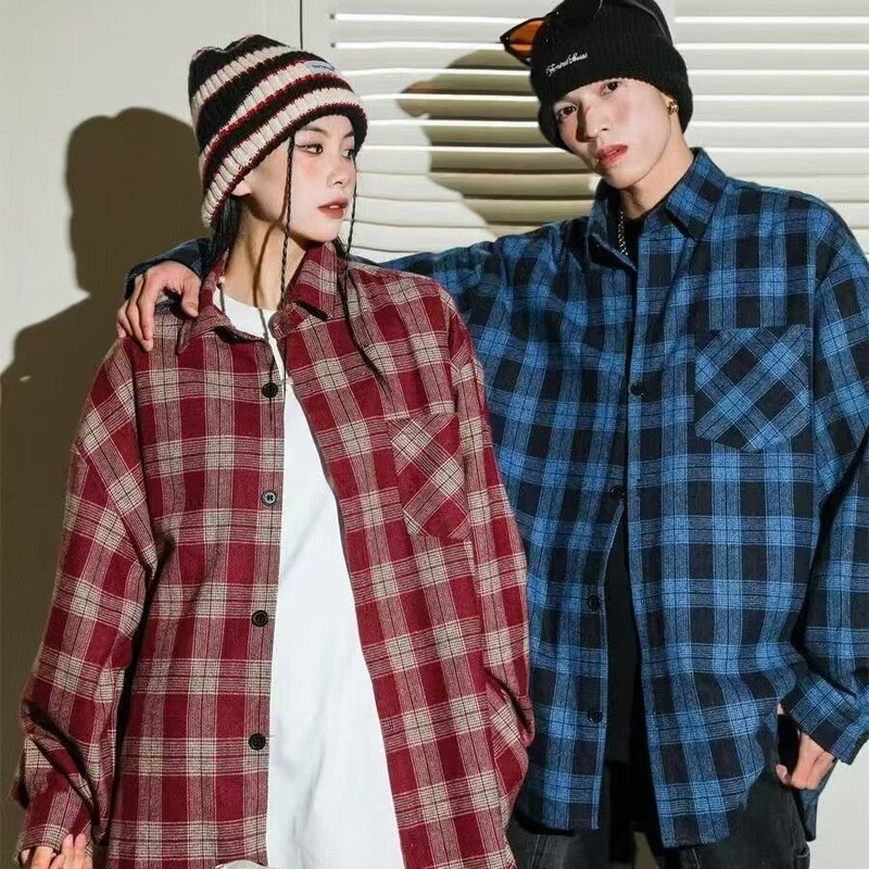 2025 American Retro Couple Outwear Plaid Shirt Men's Long-Sleeved Large Size Lazy Style Autum Shirt Jacket Trendy