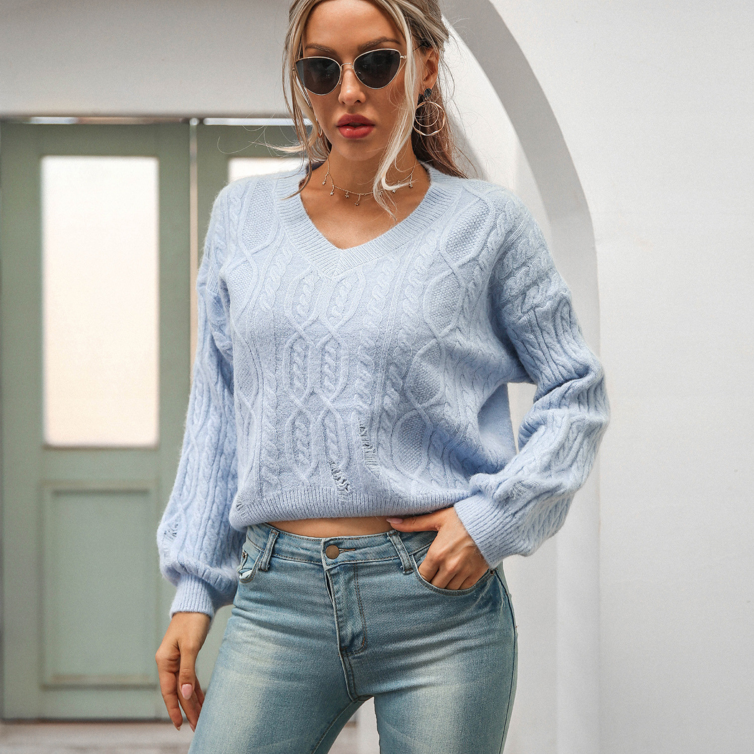 women s loose V-neck pullover long-sleeved twist sweater nihaostyles clothing wholesale NSBY76603