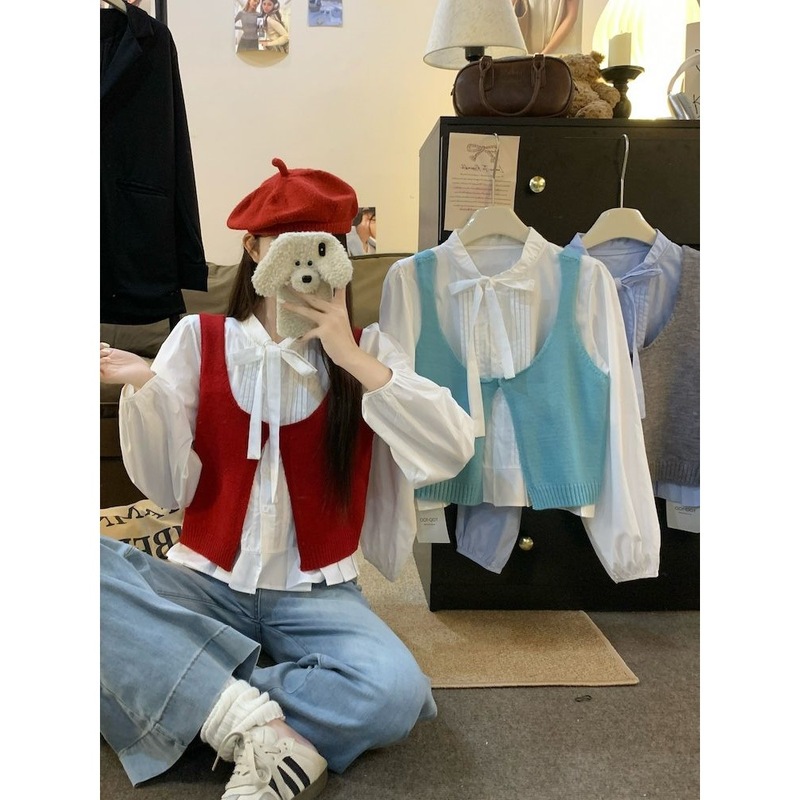 秋冬款公主韩版系带长袖衬衫叠穿简约针织马甲背心日系甜美两件套|undefined
