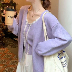 小香风针织套装女2025新款早秋季紫色毛衣外套开衫吊带背心两件套