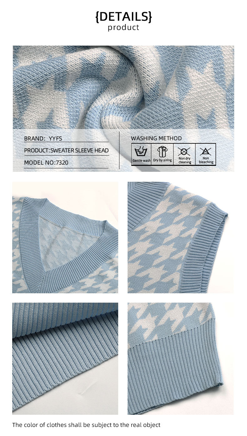 Gilet lavorato a maglia maglione stile college con scollo a V blu pied de poule_voghion.com