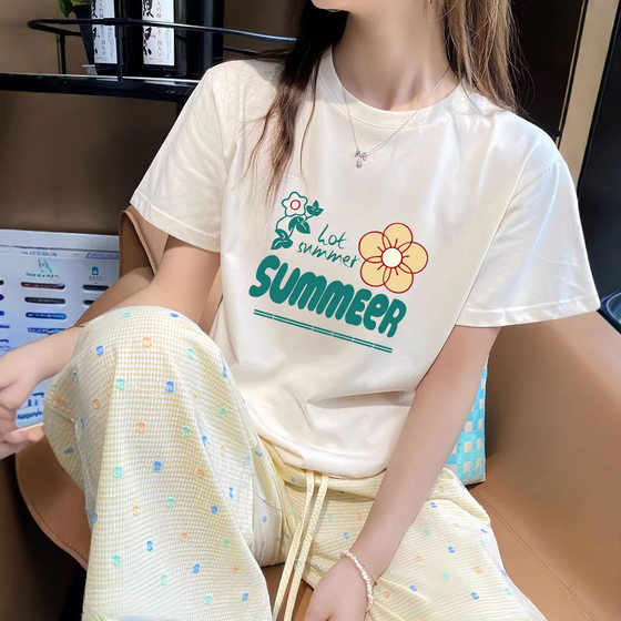 Pure Cotton Short-sleeved T-shirt Women's Summer Korean-style Loose Round Neck Stylike Printed All-match Ins Style Fashionable Women's Top