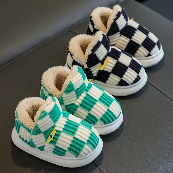 Children's Cotton Shoes for Autumn and Winter, Warm Boys' Checkered Indoor and Outdoor Parent-Child Shoes, Girls' Closed-Back Snow Cotton Shoes