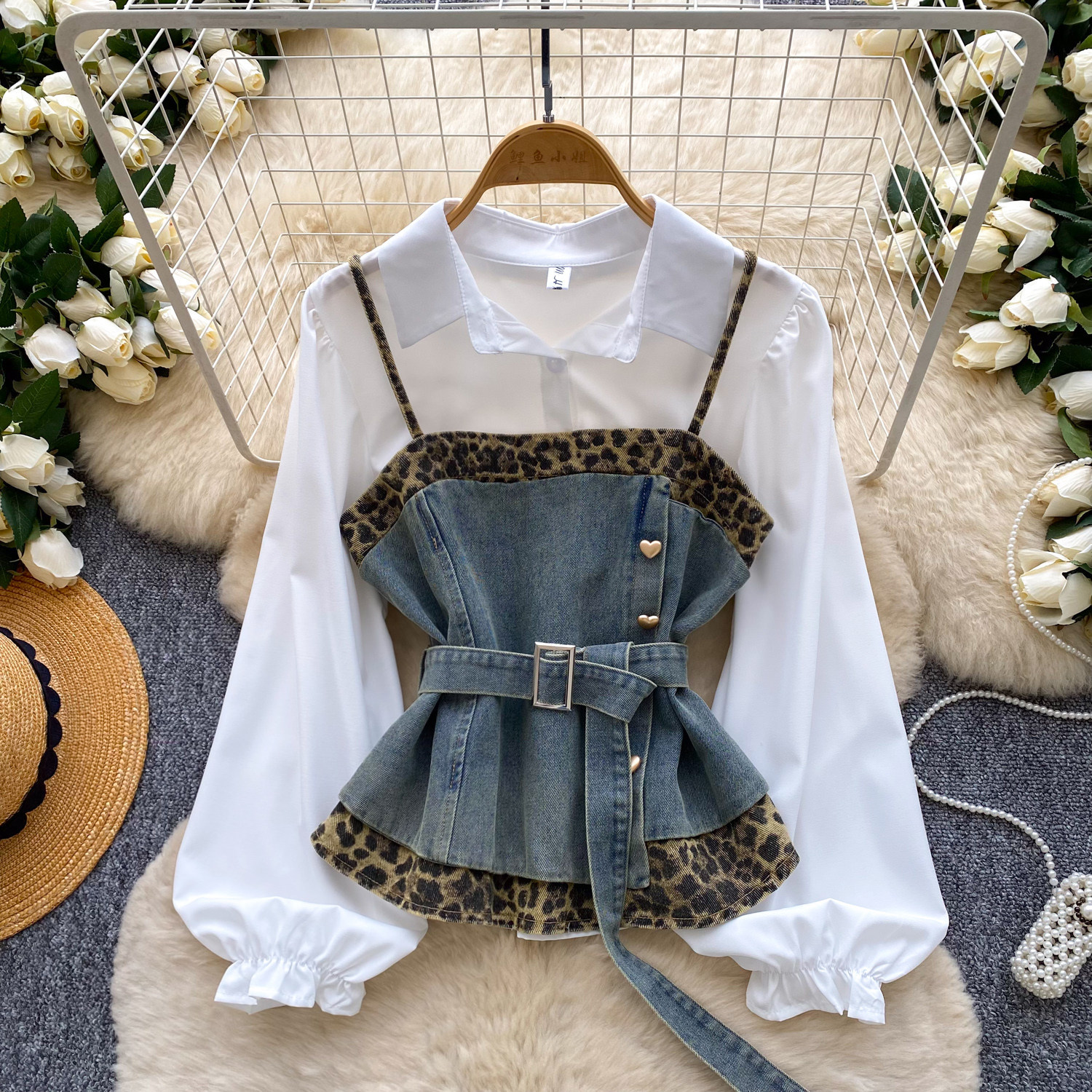 French Retro Women's Leopard Print Two-piece Vest Set With Belt_voghion.com