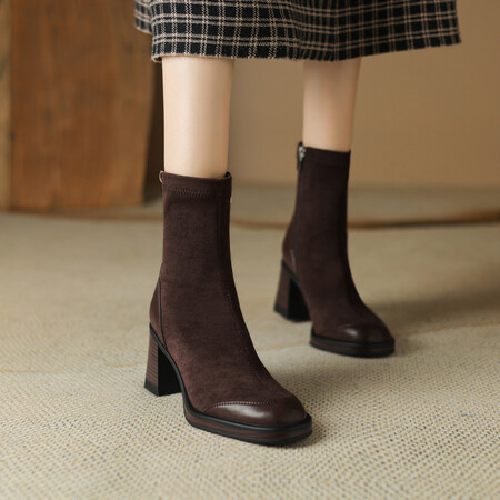 Clearance Sale by Sister Ran~~ Korean Style Simple Autumn/Winter Women's Short Boots with Chunky Heels, Stretch Boots, Round Toe High Heels, Patchwork Slim Boots