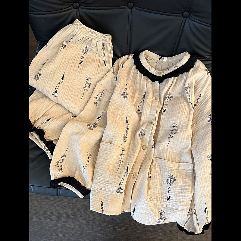 High-End Floral Lace Splicing Double-Layer Gauze Pajamas for Women, New Spring and Autumn Large Size Home Wear Set That Can Be Worn Outside High-End Floral Lace Splicing Double-Layer Gauze Pajamas for Women, New Spring and Autumn Large Size Home Wear Set That Can Be Worn Outside