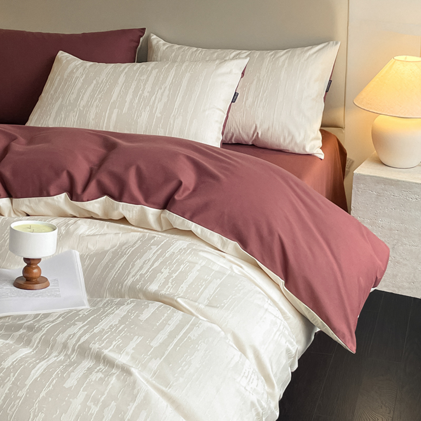 Conjunto de quatro peças minimalista nórdico francês retrô de luxo leve escovado, capa de edredom de algodão puro de fibra longa, lençol grosso, outono A_voghion.com
